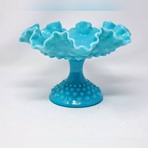 Vintage Fenton Blue Hobnail Milk Glass Ruffled Edge Compote Dish